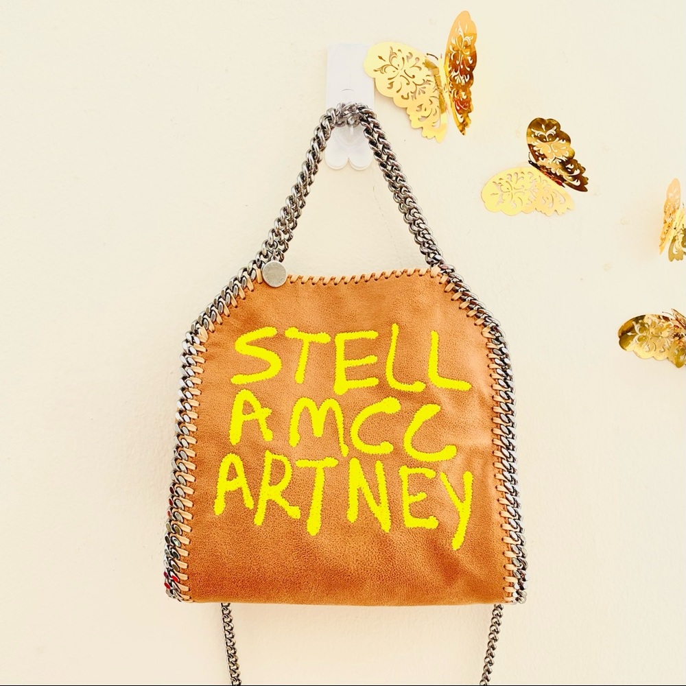 NWT: STELLA MCCARTNEY | Graffiti Yellow Embroidered Logo Falabella Brown 3 Mini